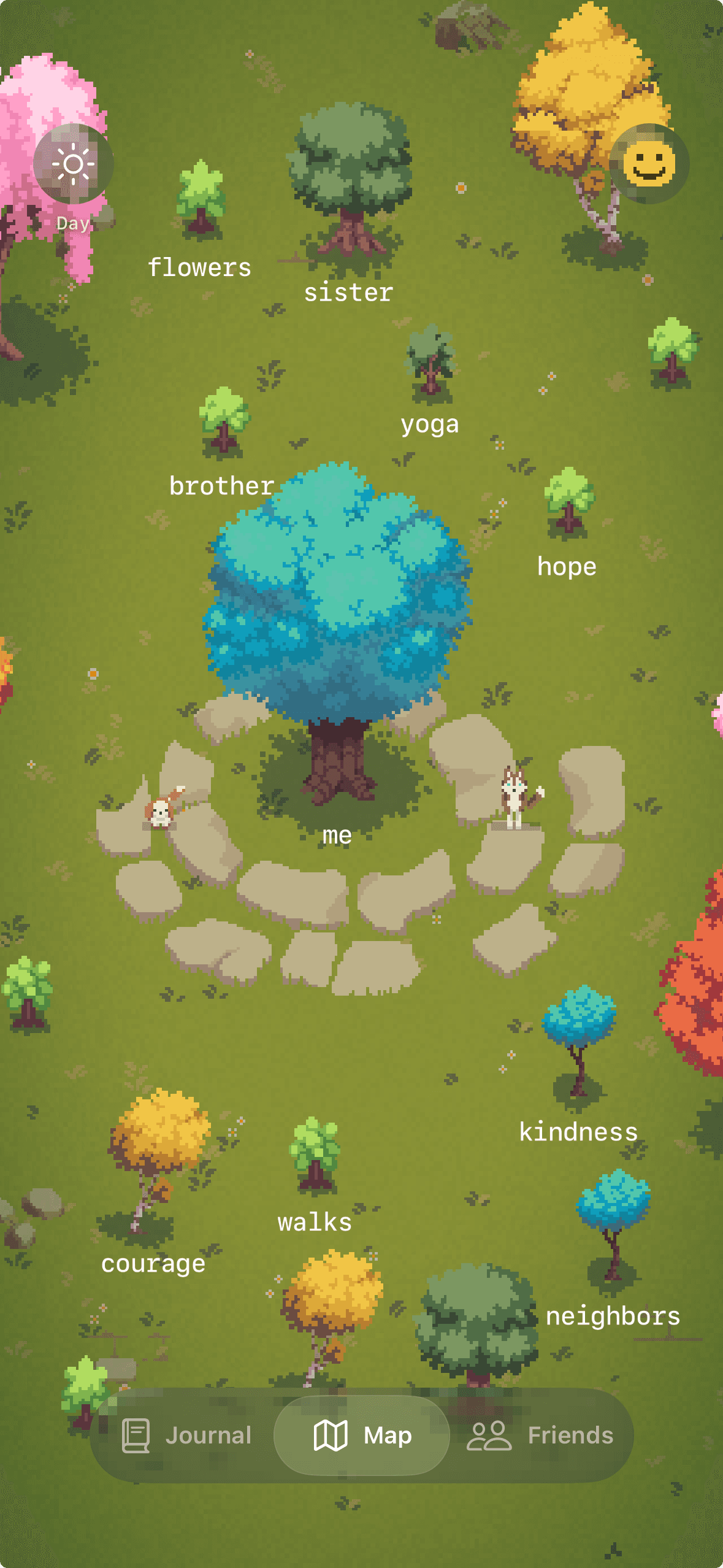 Gratitude garden: a pixel-art map of trees named after the things you're grateful for